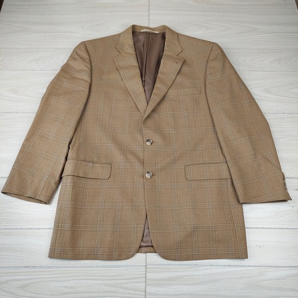 Burberry London Blazer Jacket Kensington Mens 42R Tan Wool Windowpane‎ 2 Button - Picture 1 of 15